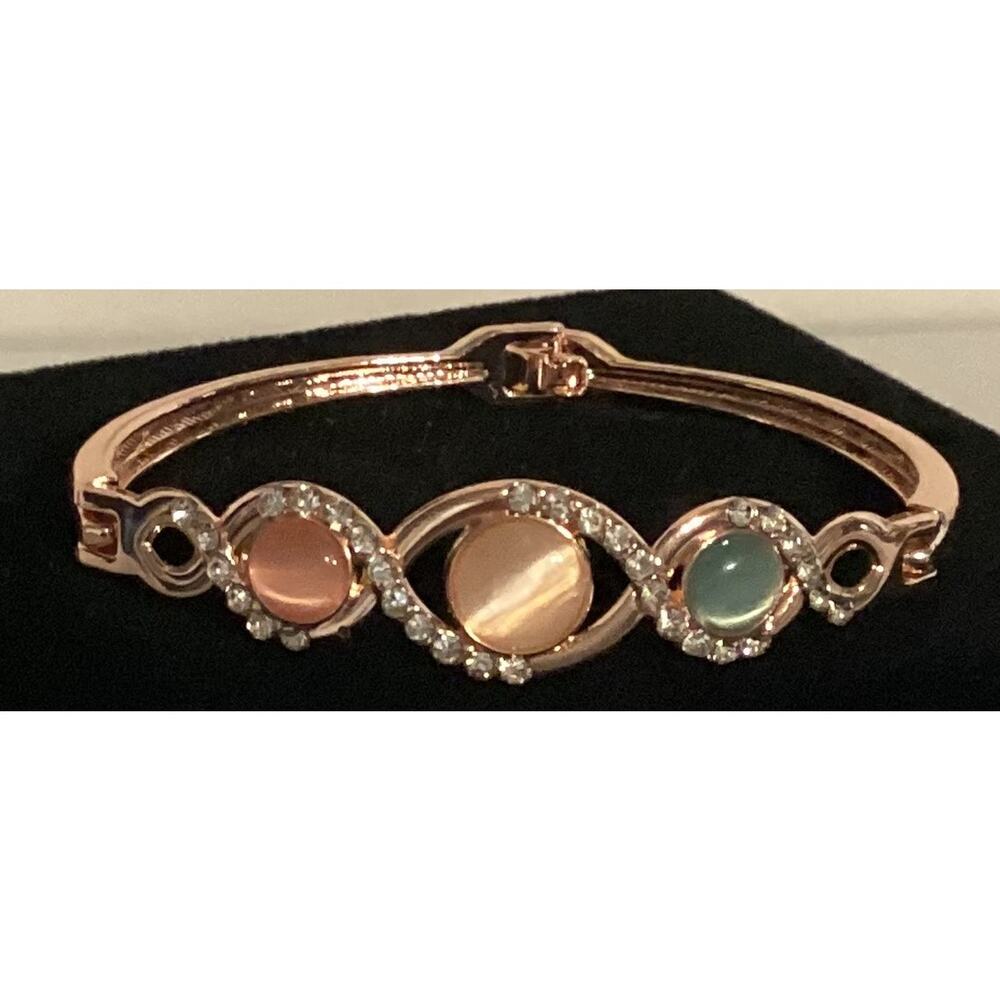 2761 NWOT Rose Gold Bracelet Bangle W/Pink Blue Beads and Cubic Zirconia Crystal
